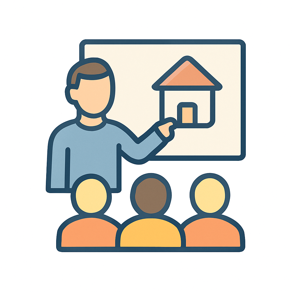 Icon of a presenter pointing at a house before an audience representing home buying seminars