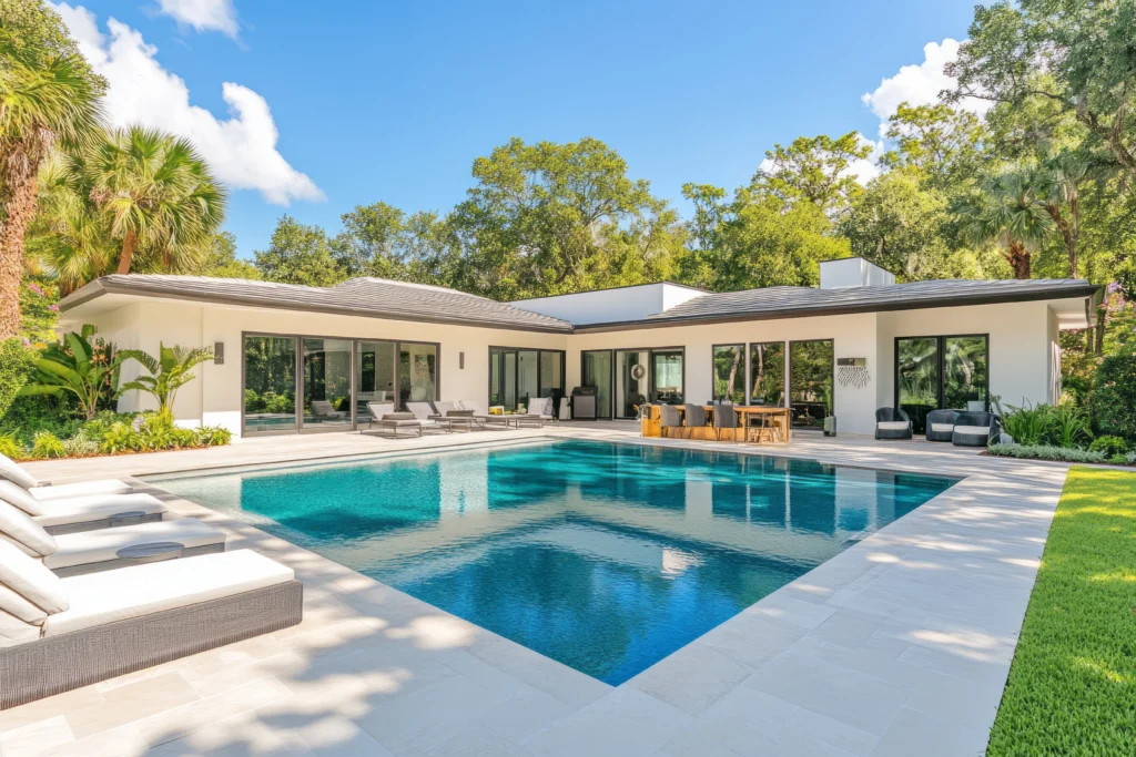 Photorealistic image of a typical Florida or New Orleans home showing the back pool area.