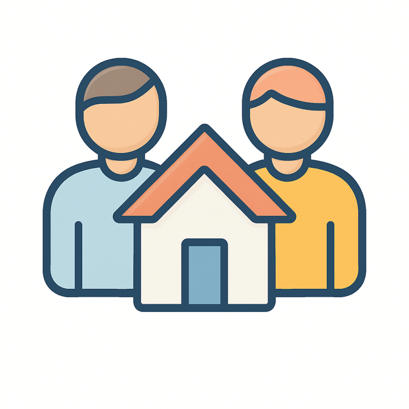 Icon showing two people standing behind a house representing buyer and seller representation